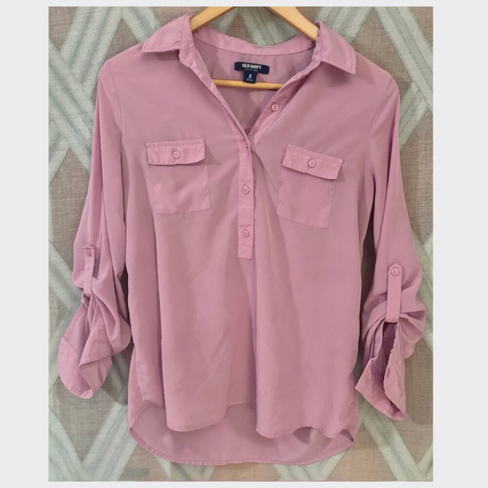 Lavander Mid Button Down Blouse with Cuffed Sleeves- Old Navy